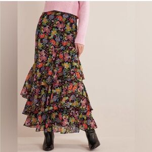 Boden Maxi Skirt Size 8 Black Carnation Garden Floral Multi Tiered Layer Ruffle
